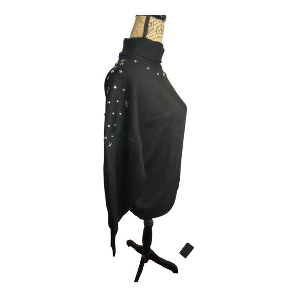 Vintage 80's Meister Large Black Wool Blend Silver Star Studded Sweater Turtlnec - Picture 7 of 12